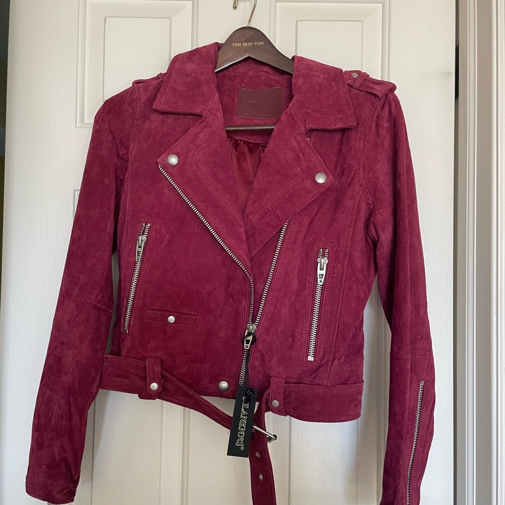 Free People Blank NYC Magenta Suede Leather Jacket w embellishments